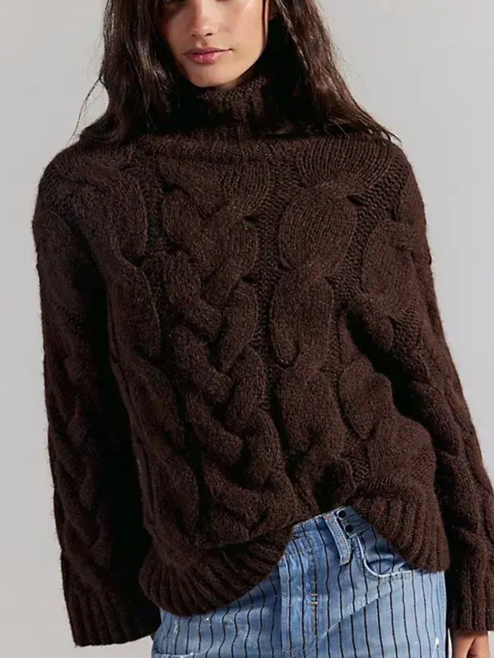 Free People Chocolate Cable Knit Turtleneck Sweater